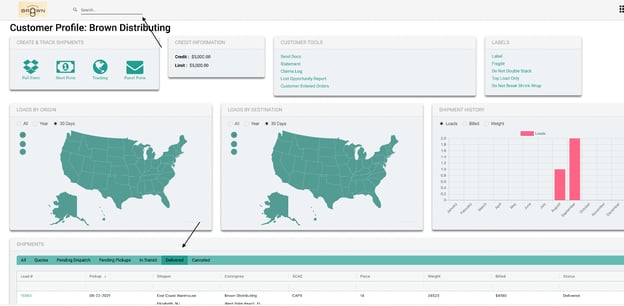 Customer portal showing the shipment search bar where users can enter a load number, PO, or pickup number to find a POD