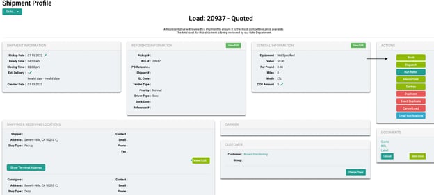 Shipment profile screen with load details and action buttons for booking and dispatching